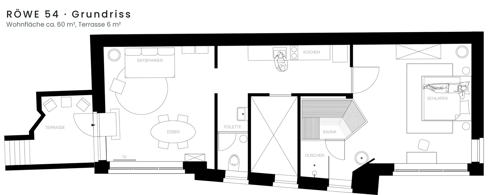 Grundriss von RÖWE 54: Terrasse, Wohn- und Essbereich, Küche, Toilette, Dusche, Sauna und Schlafzimmer, rund 60 Quadratmeter